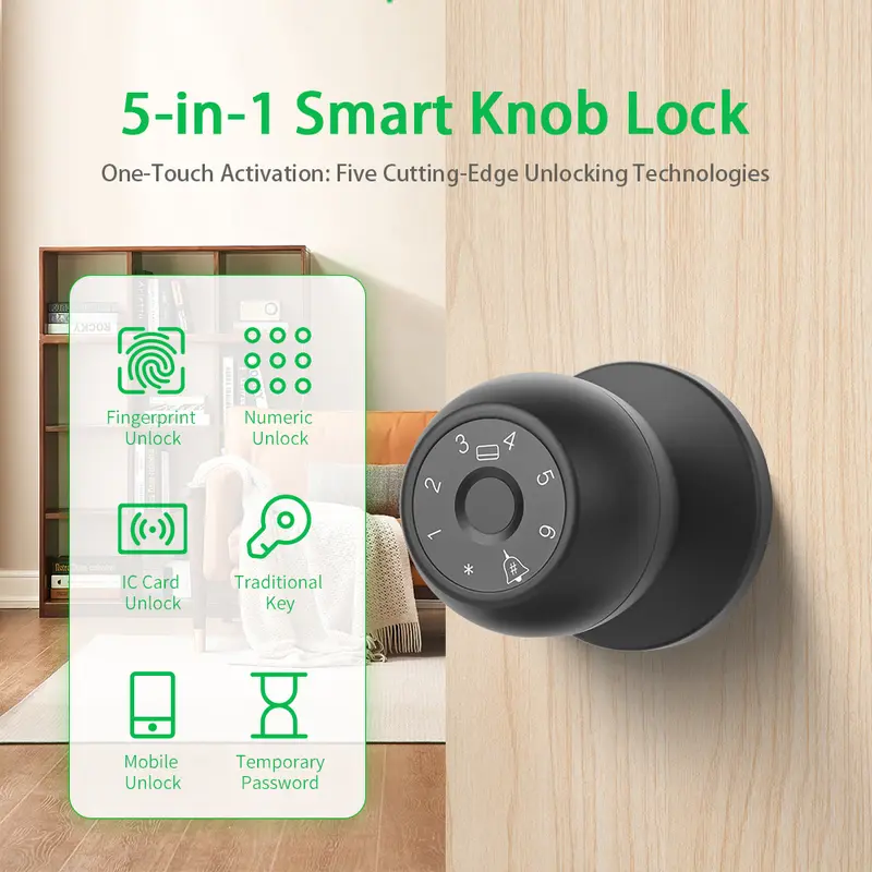 Smart 5-in-1 Fingerprint Door Lock with One-Touch Activation Five Unlocking Technologies Fingerprint Numeric IC Card Key Mobile Unlock