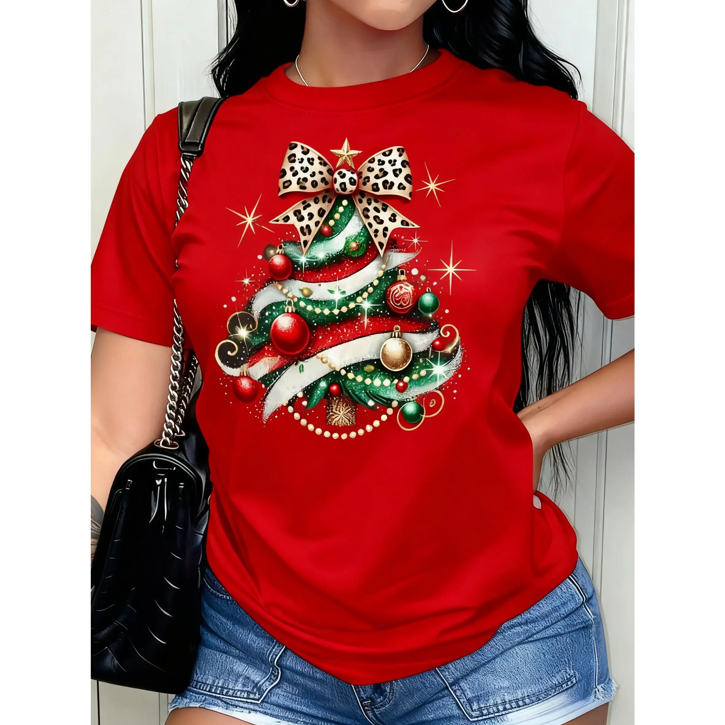 Women's Basic T-Shirt in Smooth Cotton Fabric, Christmas Graphic Print with a Casual Oversized Fit, All-Season Short Sleeve Tee, Tshirt, Top
