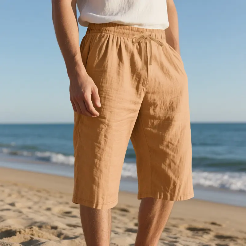 Linen drawstring elastic waist quick-dry straight-leg solid color breathable casual beach cropped pants, suitable for men for summer beach vacations and travel