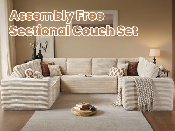 【4 Packages Shipping】Ovios 135" Sectional Cloud Couch for Living Room, Modular Floor Sofa with Plush Corduroy, No Assembly Required, Big Comfy Couches Set with Fluffy Memory Foam, Stupendous U Shaped Sofas with Chaise Furniture Lounge