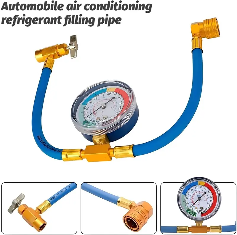 Automotive R134A/R12 Car AC Charging Hose Kit with Pressure Gauge - 0.51 Inches Low Side Quick Coupler, 1/2 Dispensing Valve, High-Strength Aluminum Connector, 15.4" Deep Reach CNC Thread Hose, Easy-Install Universal Fit for Most Vehicles