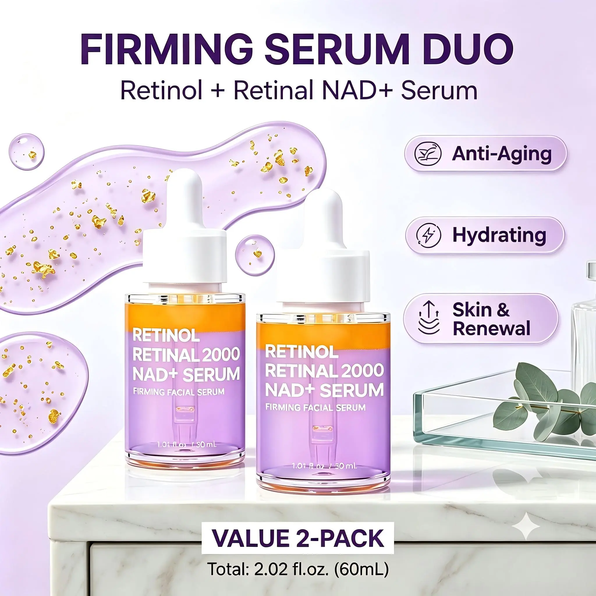 2Pcs Dual Retinoids Facial Serum - 0.1% Retinol, 0.1% Retinal, NAD+ - Anti-Aging, Firming Korean Skincare Serum, 30mL