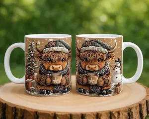 [Sale up to 40%] + [FREE SHIP] Highland Baby Cow Mug with Snowman, Winter 11 oz 15 oz Cup, Christmas Snowman Mug, Western Christmas Mug, Holiday Snowflake Cup Gift