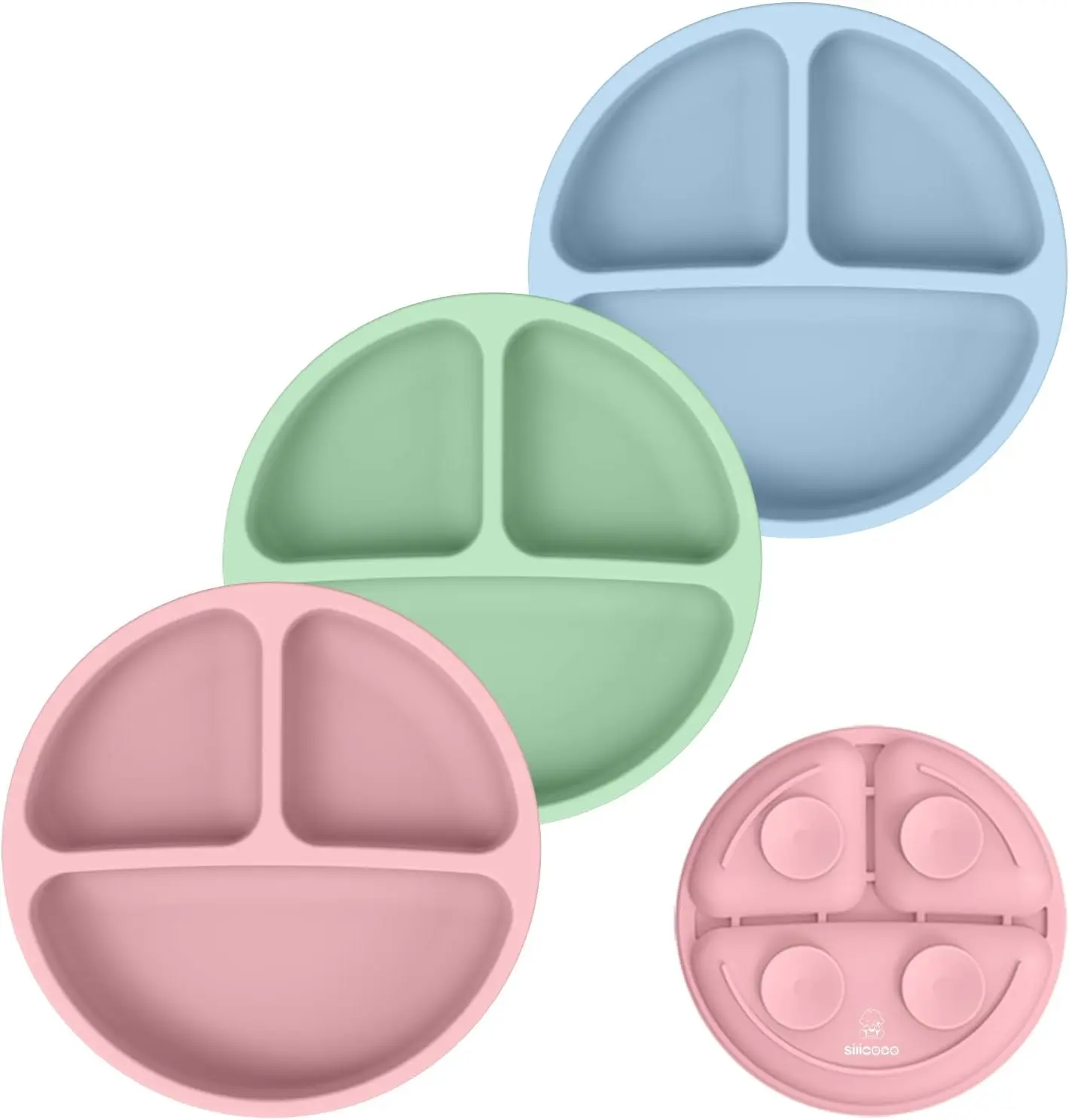 QUSEVOO 3-Pack Round Kid Plates - Reusable, Unbreakable Silicone, Non-Slip, Dishwasher-Safe, Microwave-Safe Specialty Kitchen Utensils (Blue, Green, Brown) for Shower Occasions