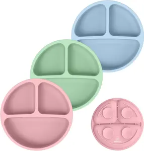 3 Pack Divided Unbreakable Silicone Baby and Toddler Plates - Non-Slip - Dishwasher and Microwave Safe - Silicone (Blue Green Brown)