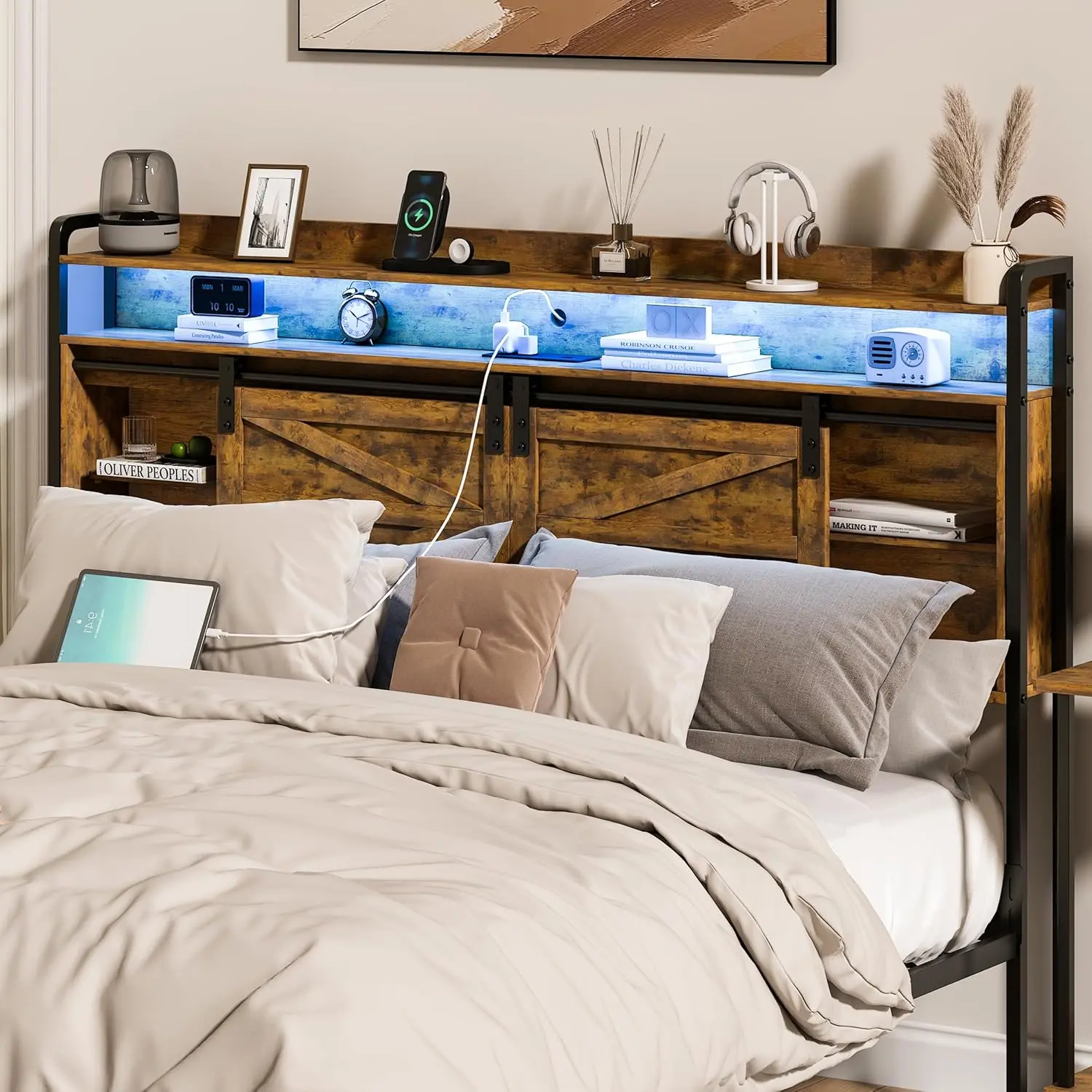 Headboard Queen Size with Storage, 3 Tier Size Headboard only with Outlets, USB Ports and LED Light Strip, Headboards with Sliding Barn Doors, Adjustable Shelf,Ideal for Bedroom/Dorm/Guest Room, (Brown, Queen (U.S. Standard))