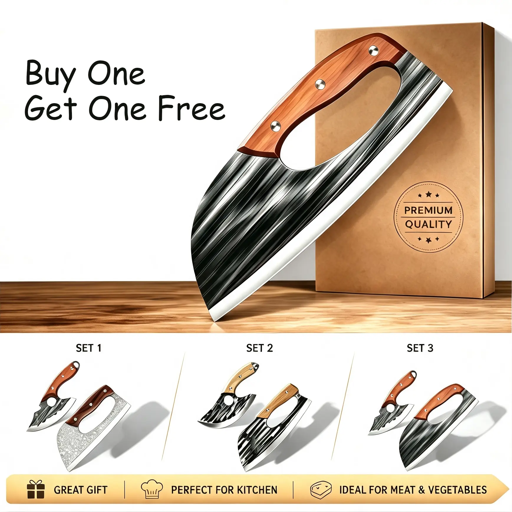 2 Pcs Meat Cleaver Knife Set, Effort Saving Meat Cleaver for Cutting Meat Vegetable, Sharp Carbon Steel Cooking Viking Knife with Leather Sheath for Kitchen, Camping, Outdoor Cooking, BBQ Gift