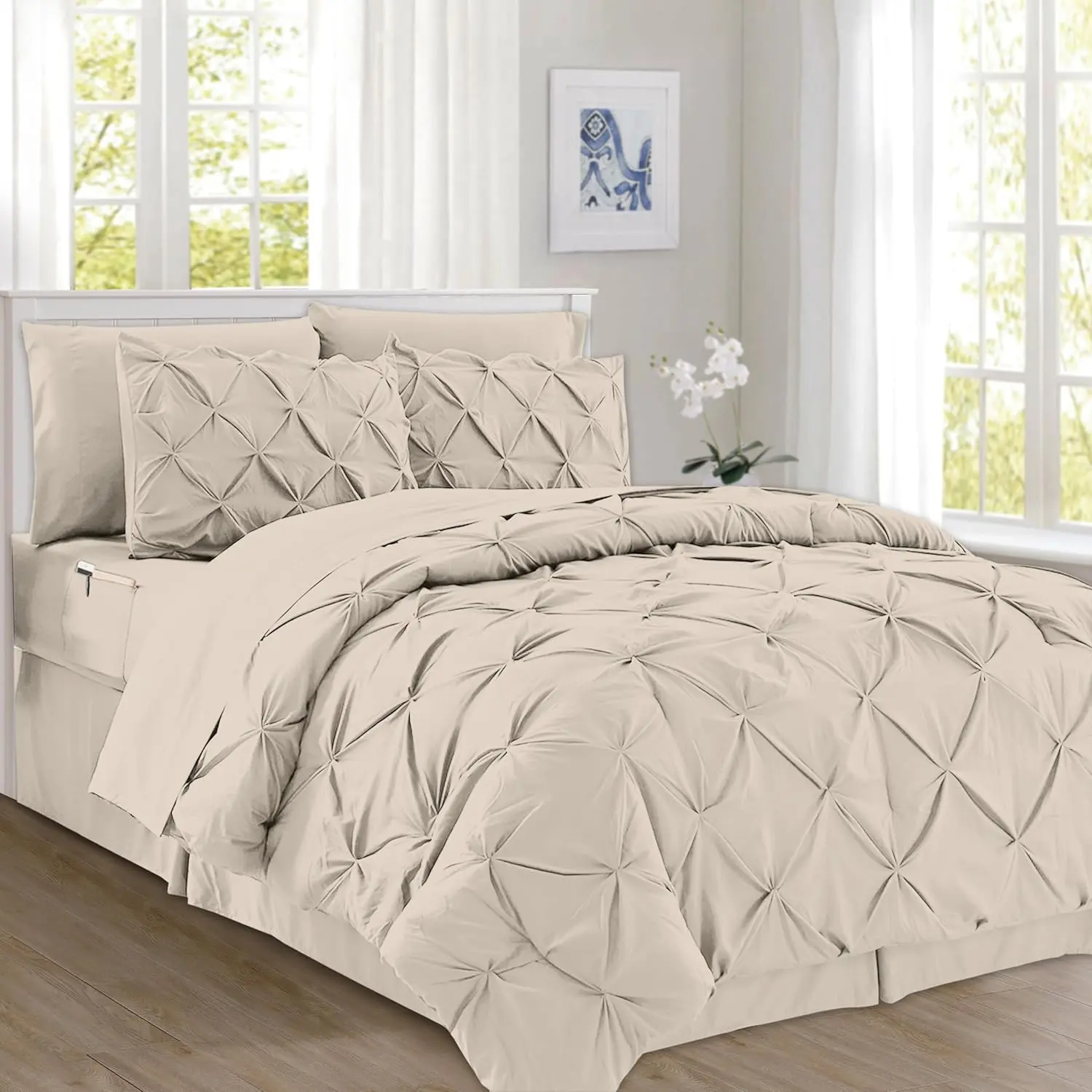 Elegant Comfort 8-Piece Pintuck Pinch-Pleated Comforter Set – Luxury Texture with 4-Piece Sheet Set with Double Sided Storage Pockets