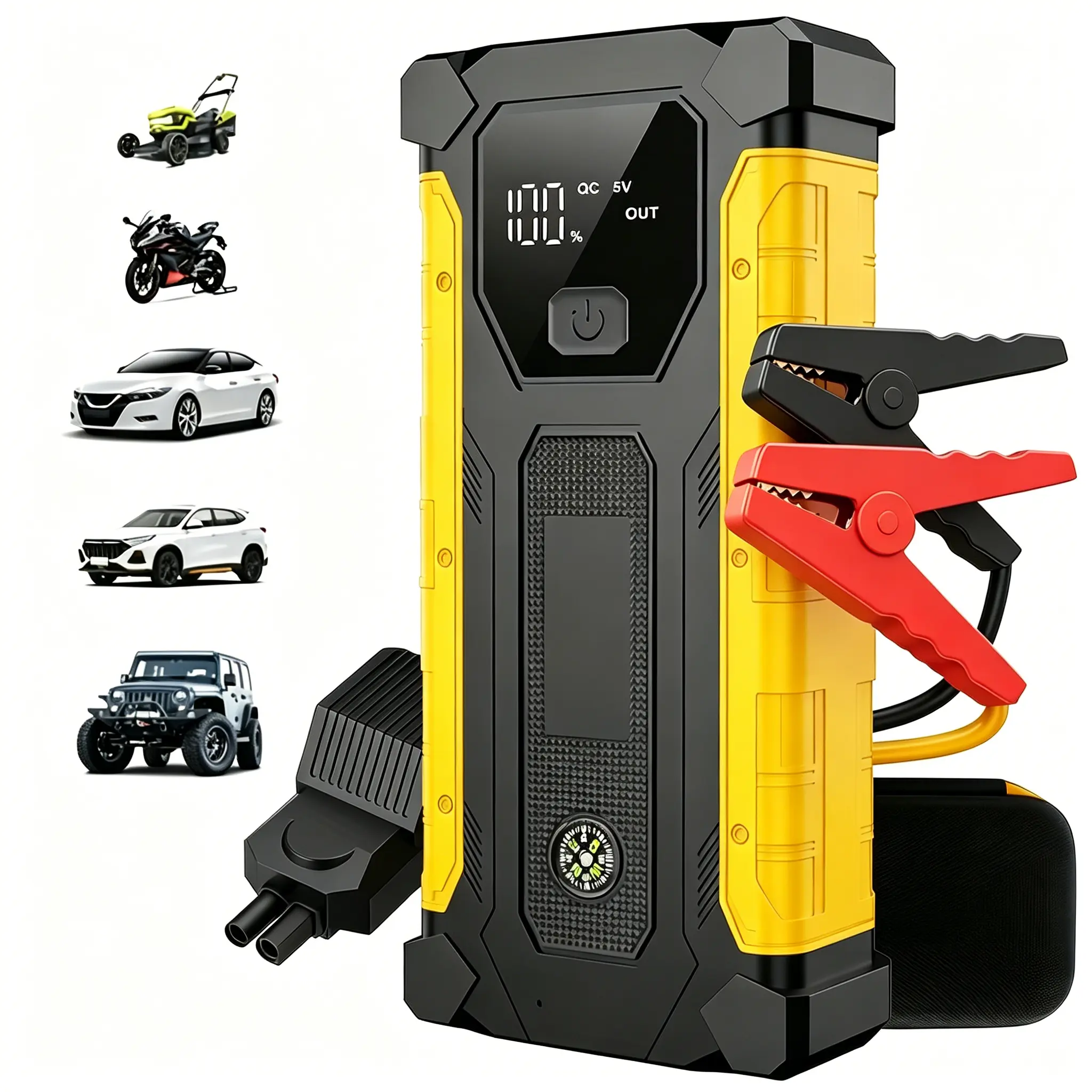 2000mAh Portable Car Jump Starter 12V Battery Booster Power Bank with LED Emergency Light, LCD Display and Smart Jumper Cables for Cars SUVs Trucks