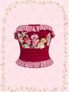 Strawberry Shortcake ROMWE Women's Plaid Patchwork Ruffle Ribbon Bow Decor Cartoon Pattern Tube Top