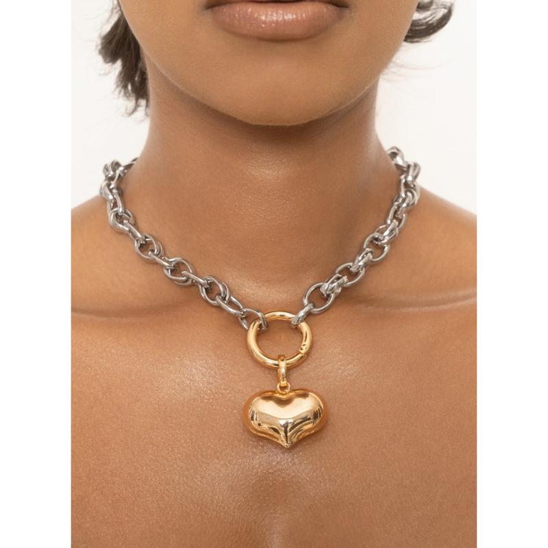 Ettika Locked in Mixed Metal Heart Necklace 18K Gold Plated Rhodium Plated Steel & Brass 15" Length with 5" Extender Adjustable Lobster Clasp Closure for Women