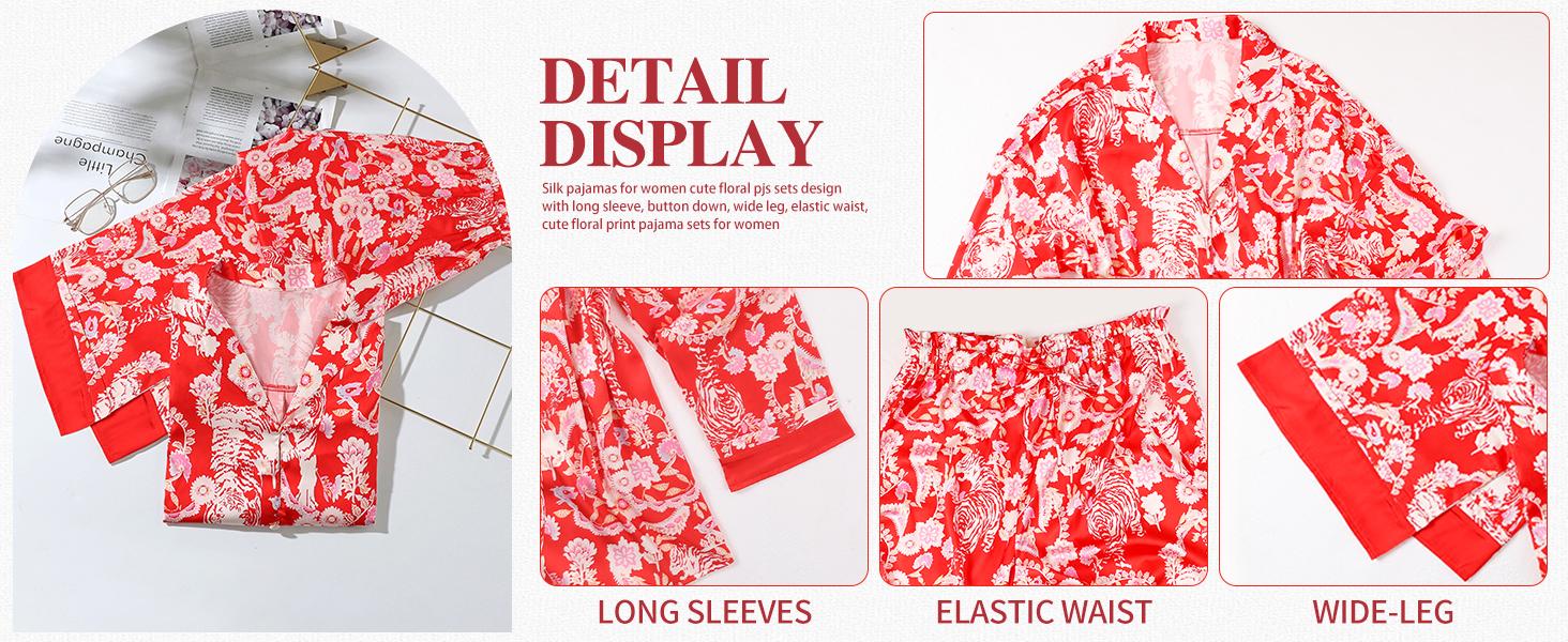 Yimoon  2 Piece Satin Pajama Set for Women Silk Pajamas Set  Floral Pj Set Long Sleeve Button Down Pjs Sleepwear