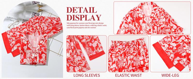 Yimoon  2 Piece Satin Pajama Set for Women Silk Pajamas Set  Floral Pj Set Long Sleeve Button Down Pjs Sleepwear