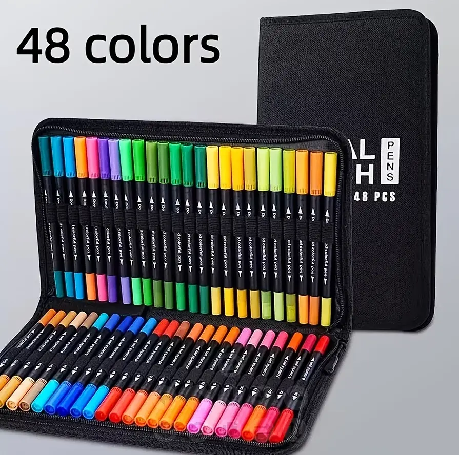 Noluck 48-Color Dual-Tip Washable Watercolor Pen Set with CD Bag - Soft-Tip Markers, Fineliners, Markers for Coloring, Office Stationery, Classroom Supplies, Art Materials for Drawing, Anime, Thanksgiving Gifts for Friends, Family, Writing Tool, Art Paint