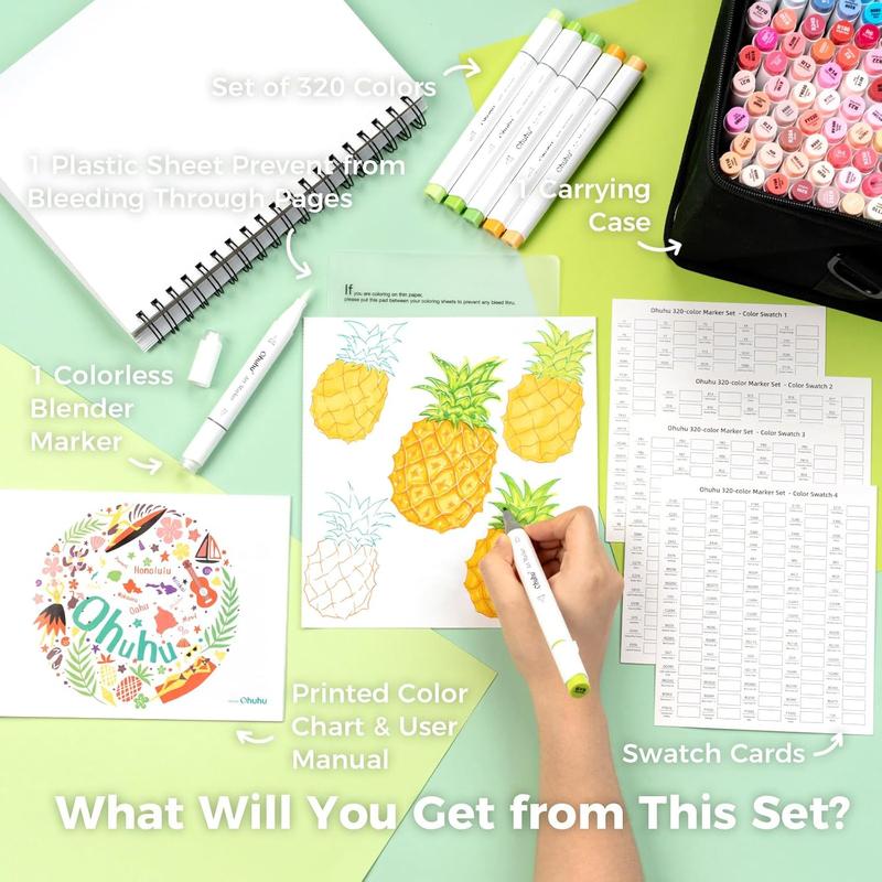 Ohuhu Honolulu B 320-Color Refillable Alcohol Markers – Double Tips, Brush & Fine Tips, Perfect for Artists, Coloring, & Illustration