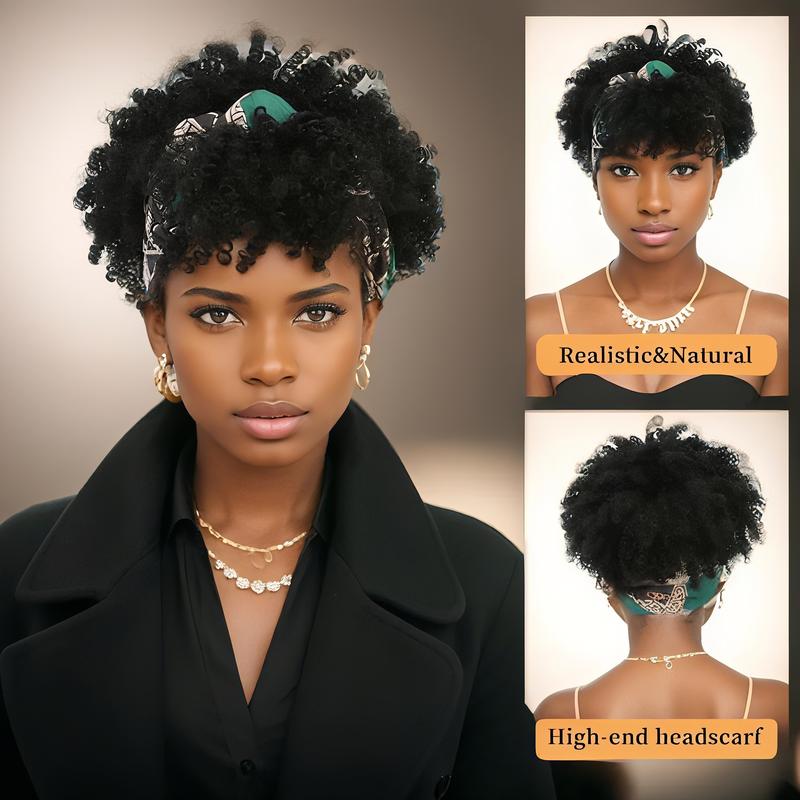 8inch Afro Headband Wig Kinky Curly Hair Wig with Bangs for Black Women Synthetic Turban Style Headband Wig Kinky Curly 2 in 1 Head Wrap With Headband Attached for Party Daily Use