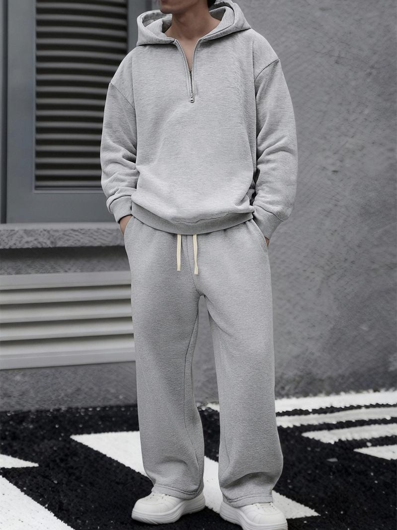 Men's solid color half zipper hooded casual pants two-piece set super soft, breathable, lightweight pullover sweatshirt with adjustable drawstring cap, large pocket, loose fit, daily leisure travel, morning walk, outdoor errand, long sleeved