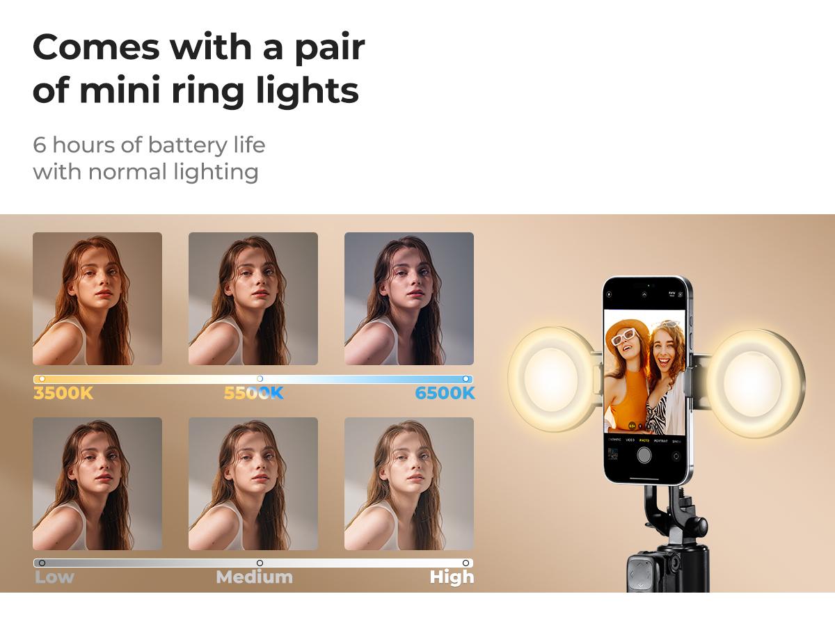 K&F CONCEPT Up to 71" Face Tracking Tripod Selfie Stick| 360° Rotation + Bluetooth Remote + Stand| 2 Fill Lights (Optional)| Black/White Textured (White Same as Black), for Travel/Live Streaming/Vloggers