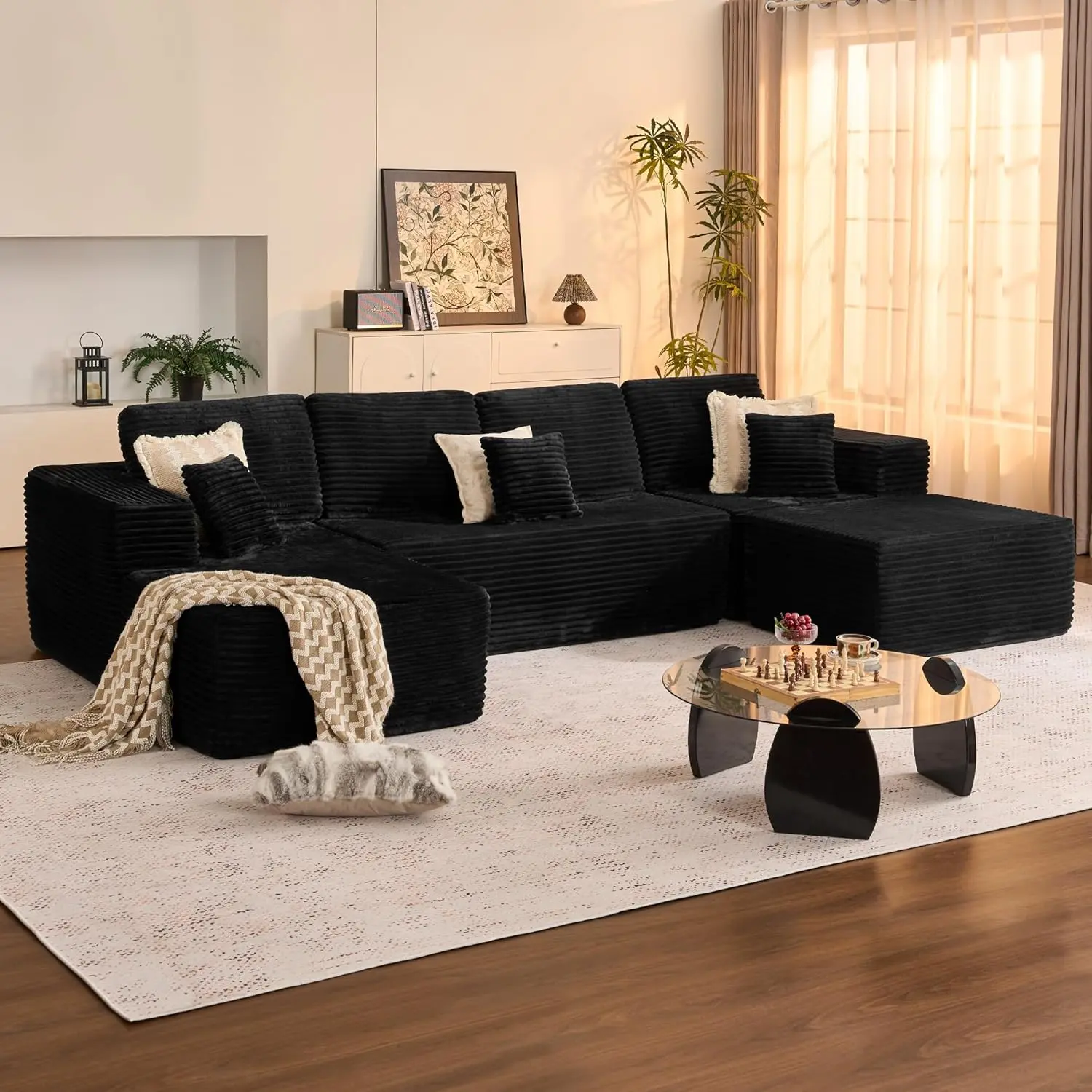 ModMood Oversized U-Shaped Modular Sectional Sofa, 133″x70″ Cloud Couch with Chaise Lounge and Ottoman, Plush Fabric Deep Seat Boneless Couches with Wide Armrests, No Assembly Living Room Couch Sleeper furniture Corduroy Memory Foam Velvet L-Sofa Set Summ