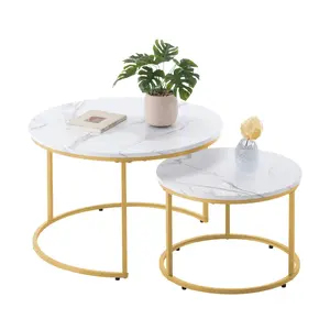 Set of 2 Nesting Coffee Tables, 27.6" Round Vintage Design, White & Gold Finish, Metal Frame for Living Room/Bedroom/Office Small Spaces