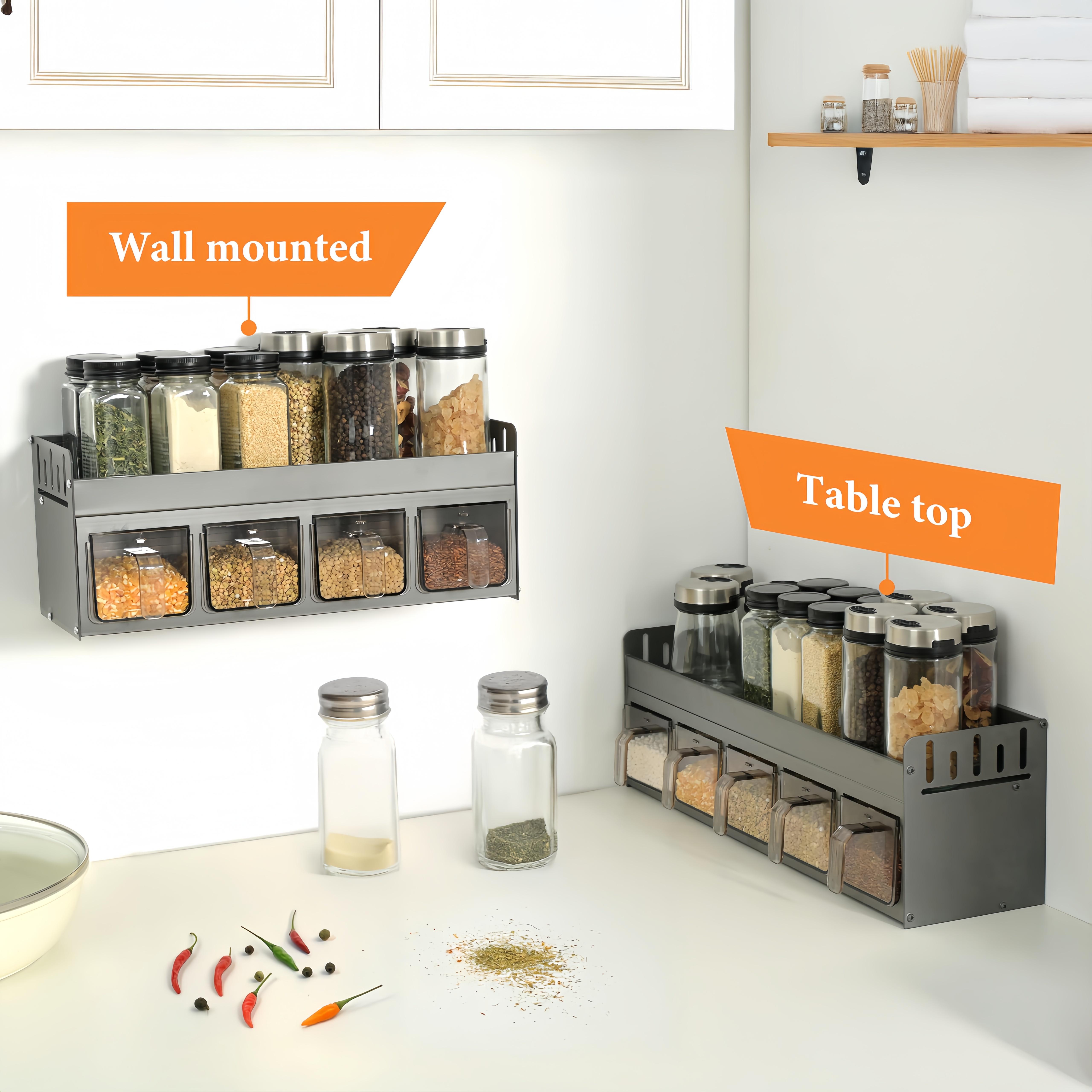 Bepatio Wall-Mounted Storage Spice Rack,Durable Rustproof Multi-Purpose Kitchen Organizer – No-Drill Installation, Includes Transparent Design Containers for Kitchen Organizer