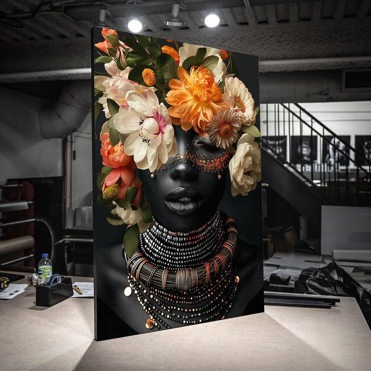 Afrocentric African Woman Queen Print – Colorful Flower Portrait, Wall Art Decor, Stretched Poster, Unframed | 5 size, 8x12 to 27x40 inch