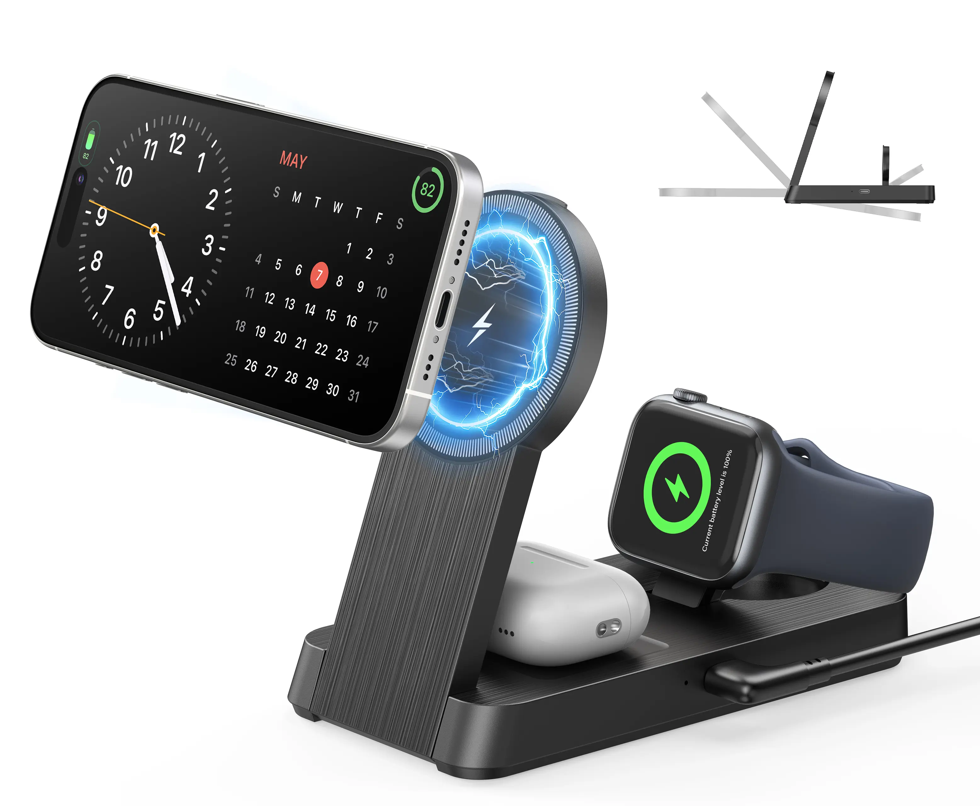 3-in-1 Foldable Magnetic Wireless Charger for iPhone, Apple Watch & AirPods—Home, Office & Travel Ready