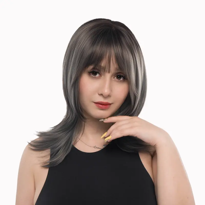 17-Inch Shadow Grey/Dull Silver with Dark Espresso-Tint Roots Layered Soft Wolf Cut Synthetic Wig | 【Heat Resistant】 【Cap Included】 | #52FSGA