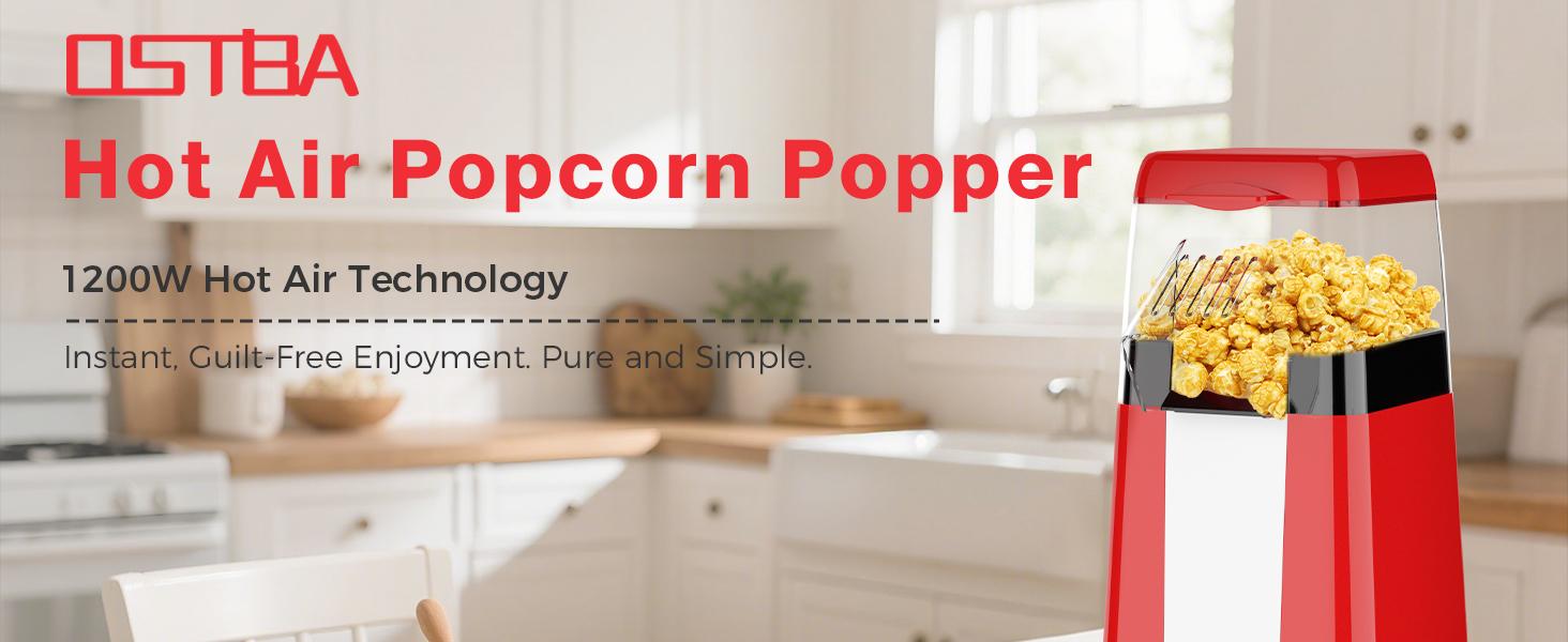 OSTBA Mini Retro Oil-Free Popcorn Maker, 1200W Hot Air Popper Machine, 12 Cups Electric Popcorn Popper with Butter Tray, One-Button Control, Compact Popcorn Maker for Home & Gifts