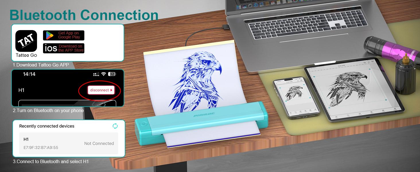 PADIEOE Wireless Bluetooth Tattoo Stencil Printer with 2000mAh Battery Portable Thermal Copier Machine Compatible with Smartphones & PC Cordless