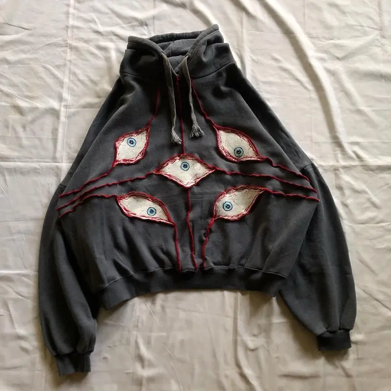 American Street Trendy Y2g Dark Goth Wind Eyes Embroidery Pattern Pullover Hoodie Sweater