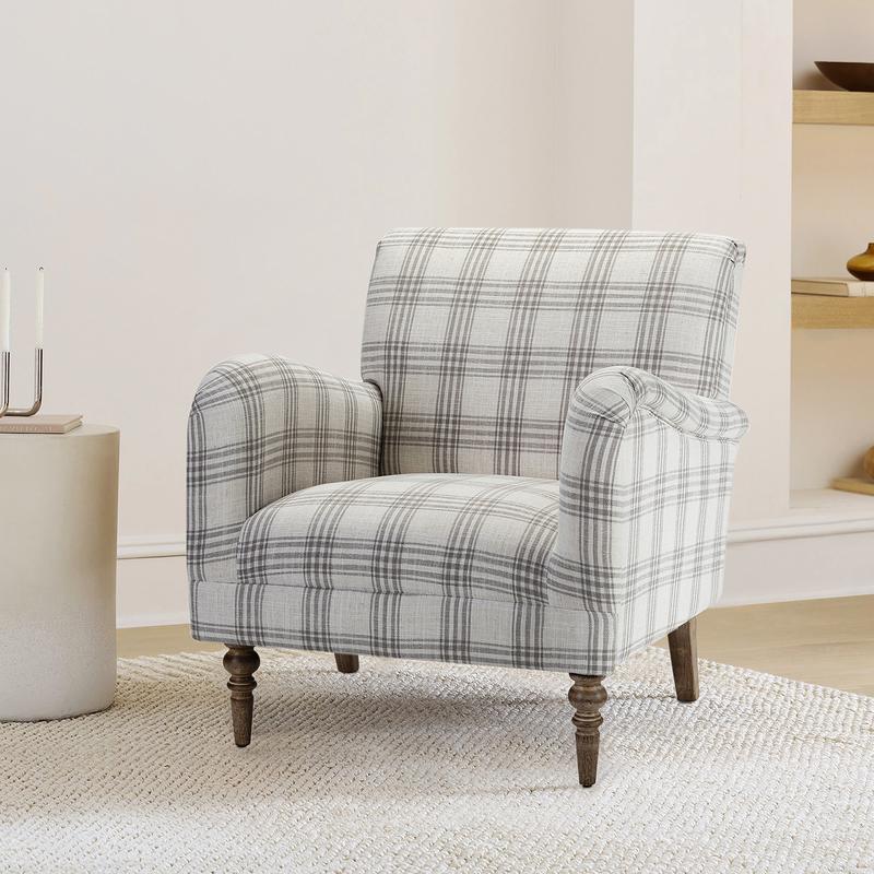 HULALA HOME Sadie Plaid Armchair Modern Accent Upholstered Chair with Solid Wood Legs for Living Room Bedroom Studio Comfy Armchair with High-Density Foam Filling and Tartan Pattern - Lounge