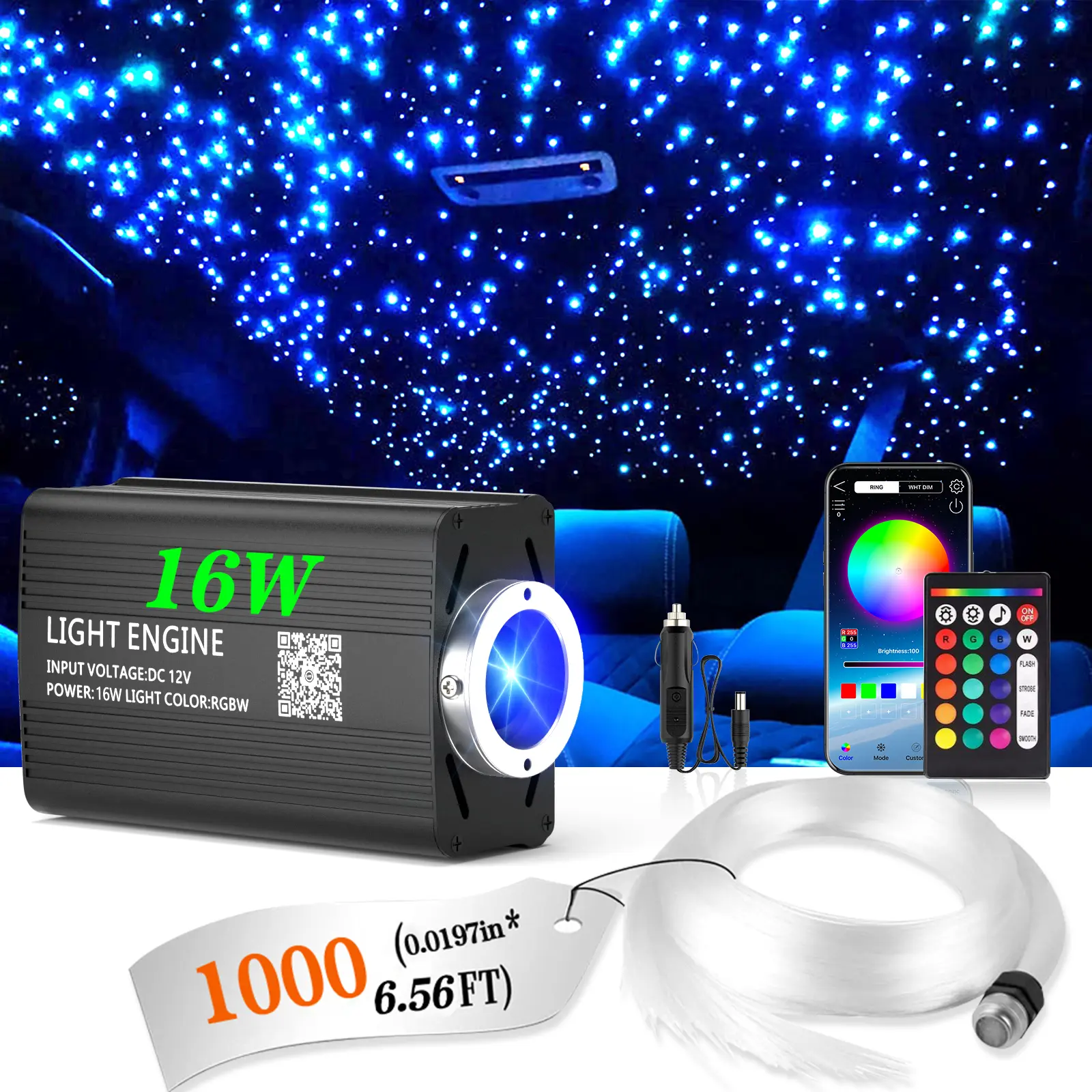 1000pcs 0.02in x 6.5ft Fiber Optic Car Starlight Headliner Kit, Roof Ceiling Lights with App&Remote Control, Color-Changing RGB Effects, Fade/Jump/Spark Modes, Brightness & Speed Adjustment, 12V LED Ambient Lighting