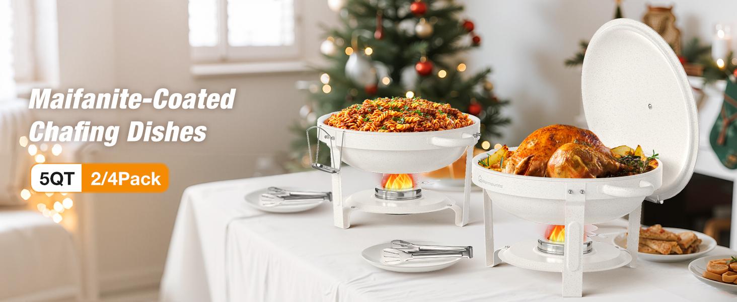 WARMOUNTS 5QT White Chafing Dishes (2-Pack/4-Pack) | Maifanite-Coated & Stackable Buffet Warmers for New Year‘s Party & Winter Gathering | Wedding & Catering