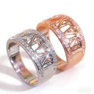 Luxury Wide Band NANA Letter Rings Hollow Out Roman Numeral Rings Gold Plated Cubic Zirconia Statement Rings for Daily & Gift Luxury Wide Band Rings Wedding Engagement Promise Bride Rings  Valentine's Day Mother's Day Gift