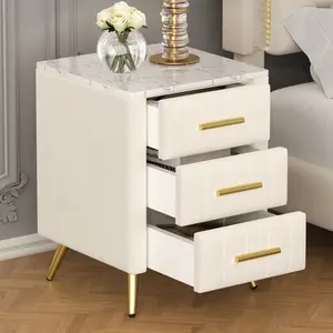 OPUL Upholstered Wooden Nightstand with 3 Drawers and Metal Legs & Handles, Bedside Table with Marbling Stickers Worktop, Accent Side Table Chest of Drawers for Small Space, Living Room, Bedroom, Hallway, Dormitory - Beige