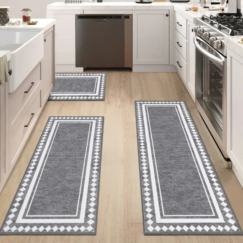 LOKHOM 3-Piece Polyester Modern Bohemian Floral Rug Set - Non-Slip Rubber Backing, Waterproof, Stain-Resist Rug, Flat Weave Runner, Durable, Machine Washable, Non-Shrink Fabric Stays Neat House Decor for Kitchen, Laundry Room