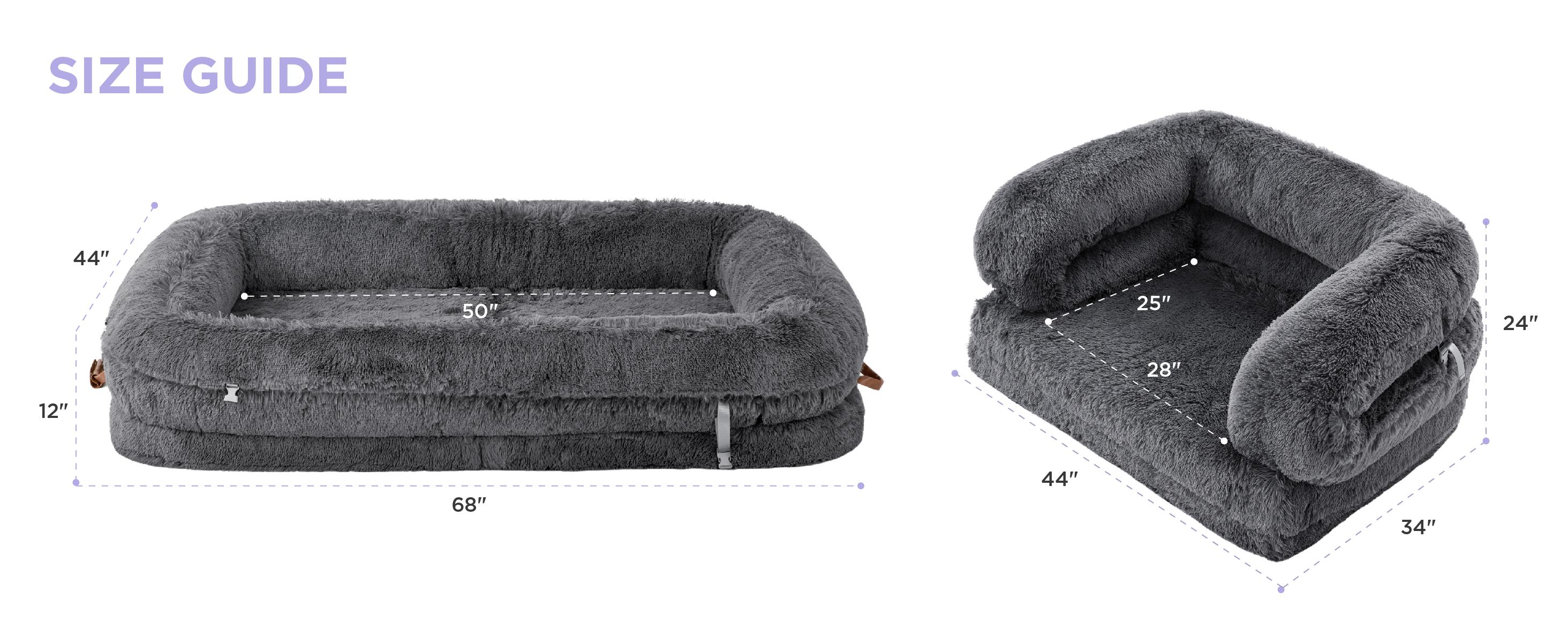 Lesure Luxury Warm Foldable 3-in-1 Flexible Giant Human Dog Bed Cozy Fluffy Faux Fur Lounge Sofa with Supportive Bolster Egg Foam Soft Plush Calming Orthopedic Bed for Winter Comfort Classic Lounge Sofa Options Valentine’s Day Choice