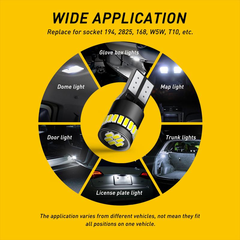 AUXITO 194 LED Light Bulb 6000K White 168 2825 W5W T10 Wedge 24-SMD 3014 Chipsets LED Replacement Light Kit Error Free for Car Interior Dome Map Door License Courtesy Dash Lights, Pack of 10