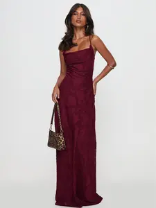 Celena Maxi Dress Burgundy Burnout Lace-Up Open Back, Fully Lined Non-Stretch Fabric, Flattering Formal Look for Weddings, Parties & Date Night