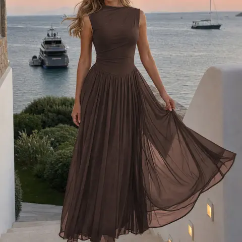 AISIZE A5601 Women's Mesh Sleeveless Flowy Ruched Waist Elegant Casual Dress | Soft stretch mesh formal dress, ruched waist & flowy silhouette. Great for vacation, brunch, parties & daily elegant looks Womenswear Olive Green