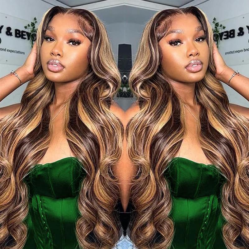 Body Wave 13X6 Lace Frontal Wigs P4/27 Highlight Brazilian Body Wave Pre plucked Human Hair Wigs Colored Chocolate Brown Lace Front Wigs For Women