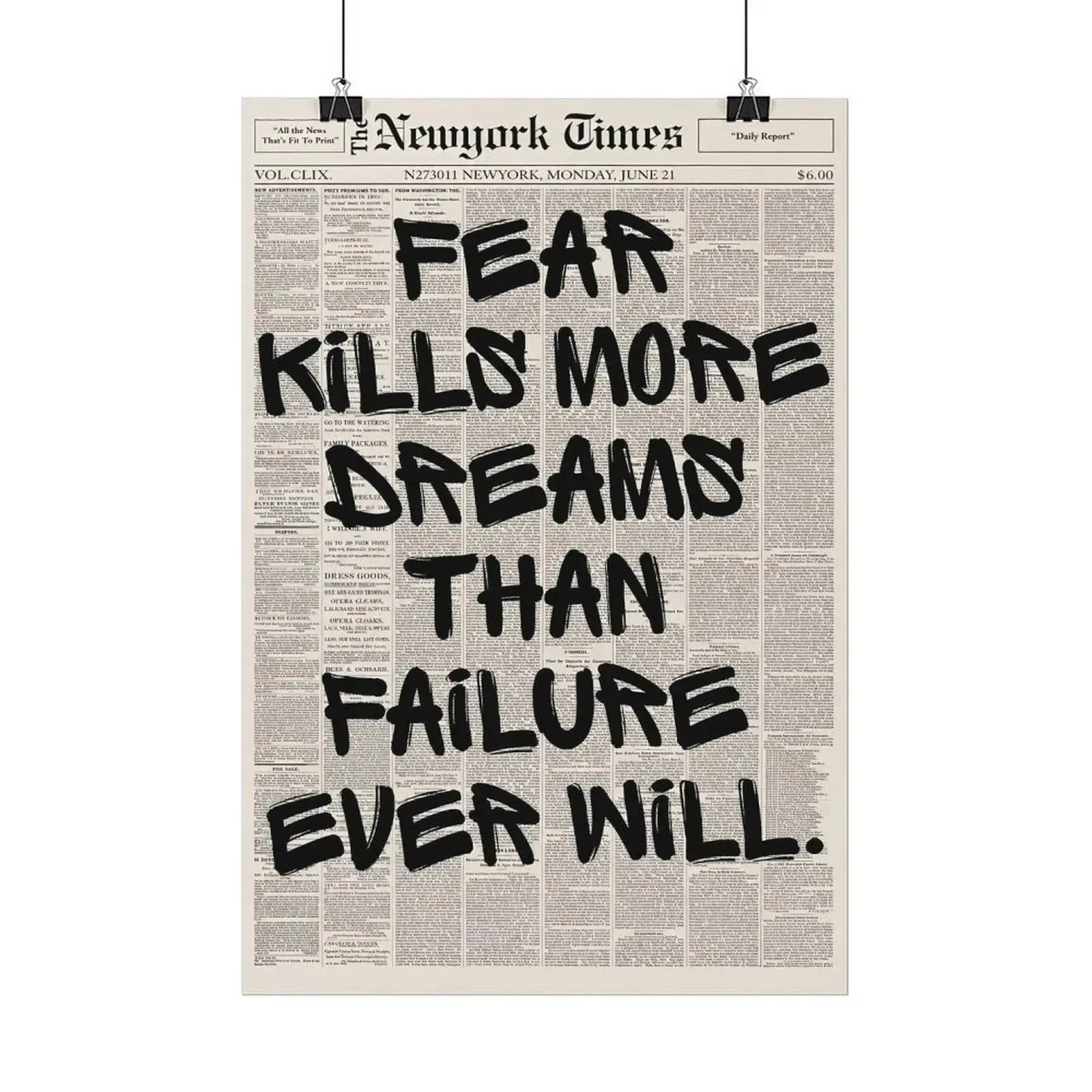 Fear Kills More Dreams Poster, Unframed Vintage Newspaper Wall Art Print with Bold Black Motivational Quote Typography, Inspirational Mindset Poster for Bedroom Dorm Apartment Office Decor, Entrepreneur Room Decoration Gift