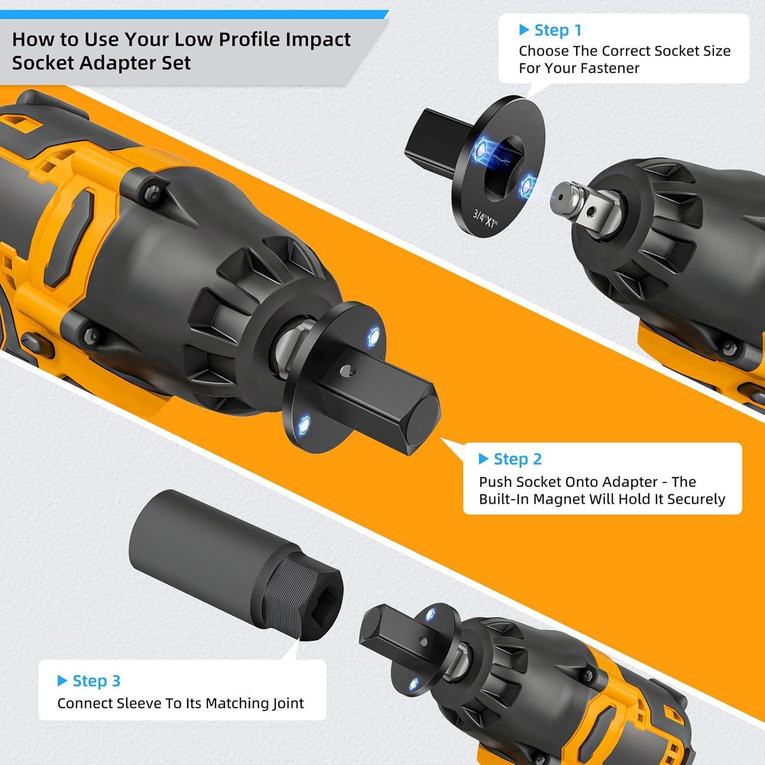 VAYWET 2026 New Low Profile Impact Socket Adapter Set, Industrial Drive Ratchet & Wrench Adapter Set Stainless Steel Industrial Drive Ratchet & Wrench Adapter Set for Tight Spaces, 4PC Hardware Kit: 3/4" to 1", 1/2" to 3/4", 1/2" to 3/8", 1/4" to 3/8"