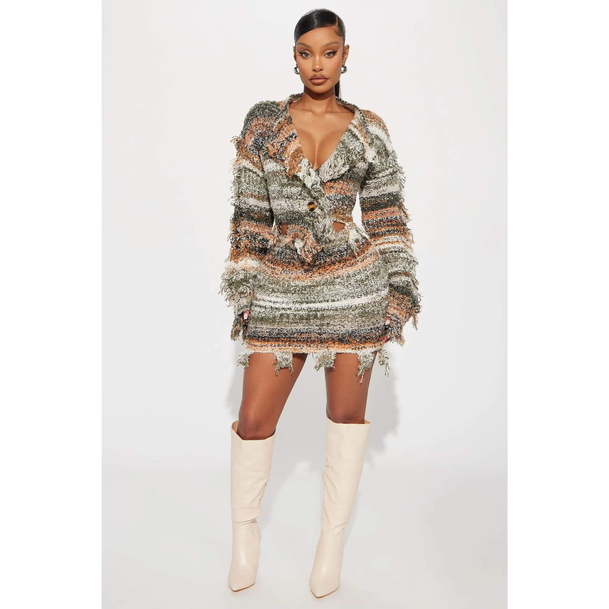 Winter Feels Striped Sweater Skirt Set - Orange/combo