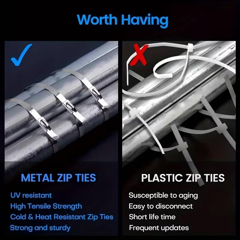 100Pcs Metal Zip Ties,304 Stainless Steel, Heavy-Duty Self-Locking Cable Ties, Suitable for Exhaust Wraps,Chain Link Fencing, Wire Fence Installations, and Outdoor Poultry Enclosures,Must-have to diy,Tiktok shop deal -YY