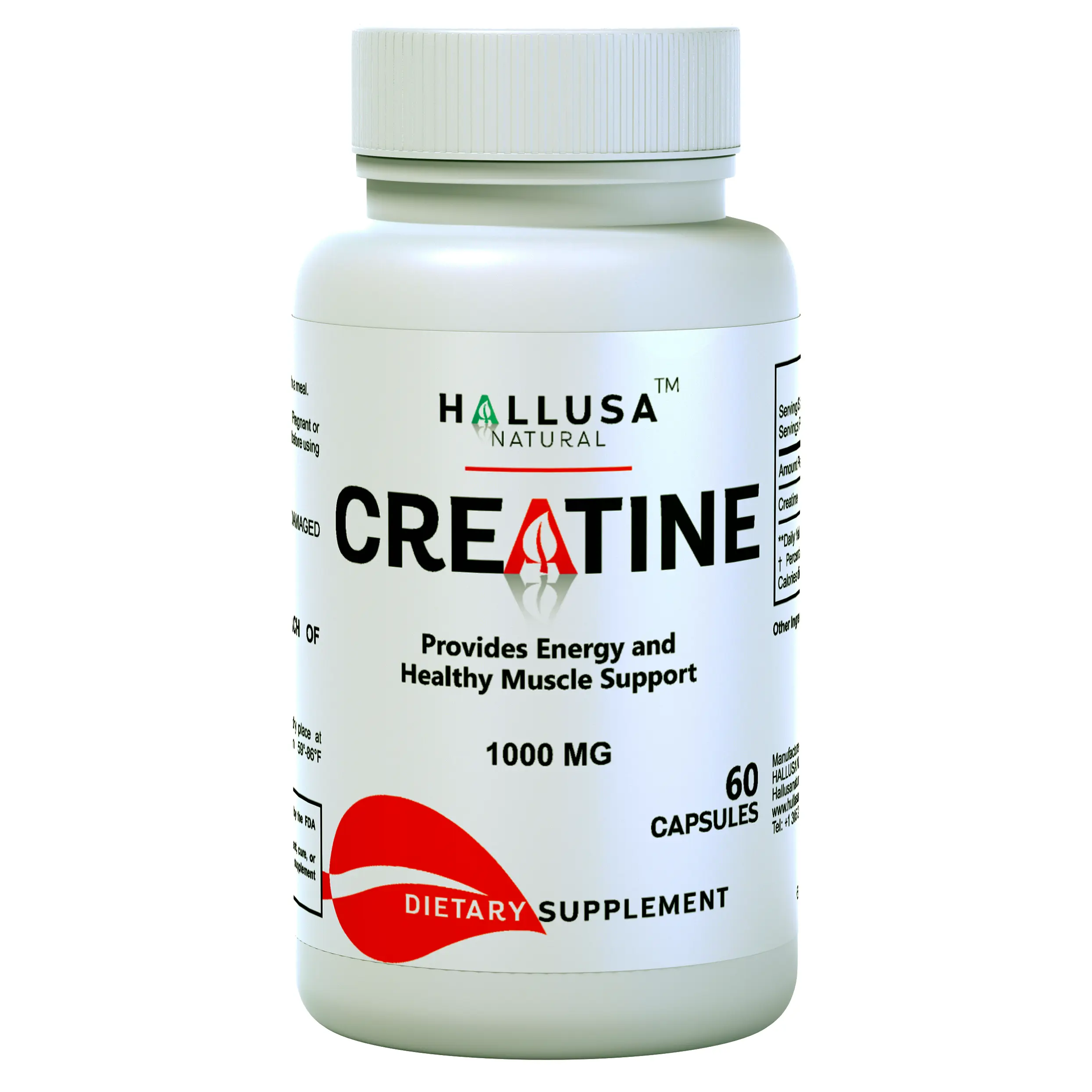 Hallusa Natural Creatine Monohydrate Capsules - 60 Count, 30-Day Supply, Organic Vegan Sugar-Free Gluten-Free Nutrition Supplement for Muscle Building, Boosting Workout Resistance & Recovery