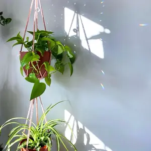 Double Macramé Plant Hanger with Crystal Suncatcher – Two Tier Indoor/Outdoor Hanging Planter Decor for Potted Plants