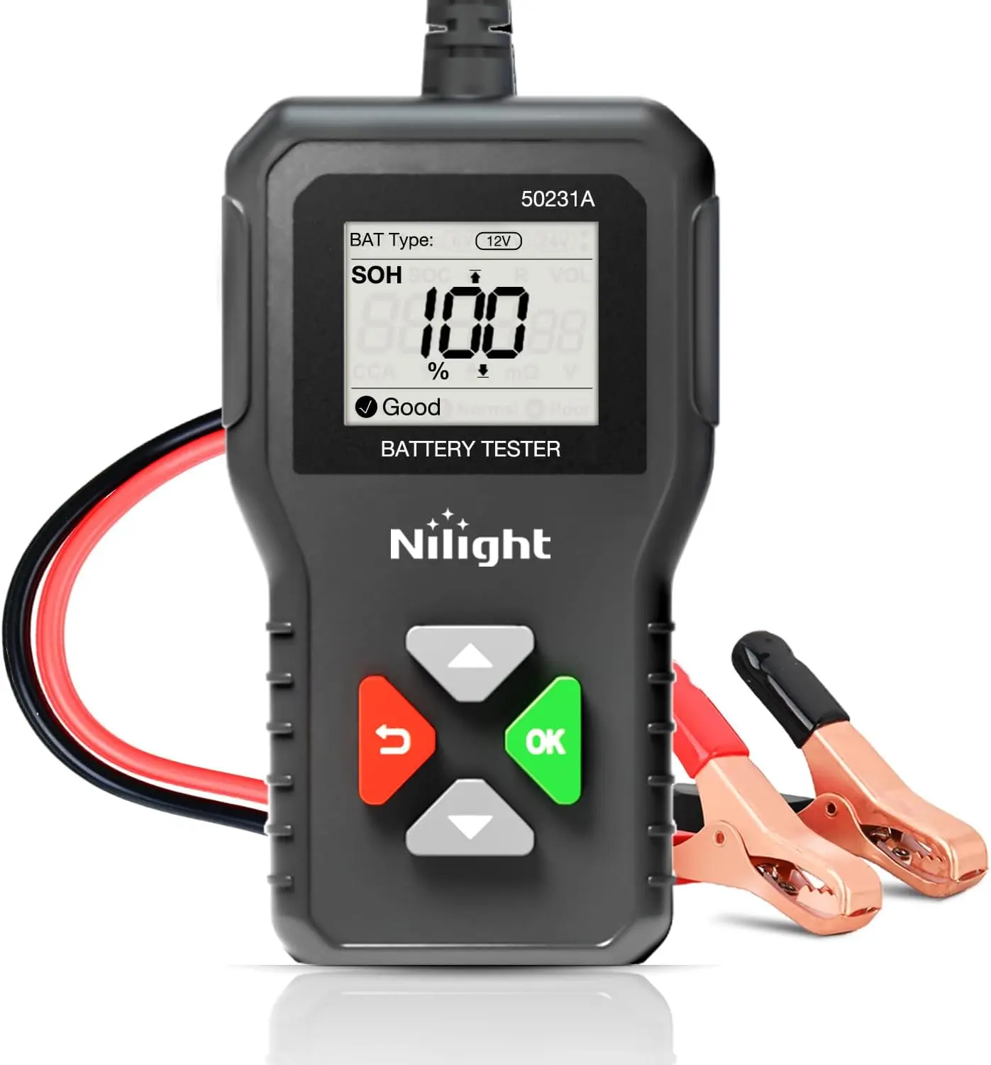 Nilight Digital Display Car Battery Tester - 6V-24V Range Automotive Tool with 100-2000 CCA/Voltage, SOH, SOC, Internal Resistance Test for Cars, Boats, Reverse Safe Functionality, Trucks, Alligator Clips