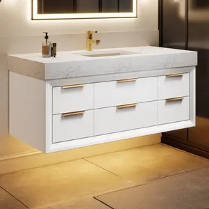 Glam 48" White Floating Bathroom Vanity with Lights and Stone Slab Countertop, Single Sink